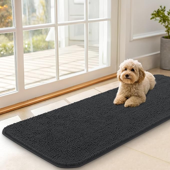OLANLY Dog Door Mat for Muddy Paws 47x17, Super Absorbent Chenille Mud Mat | Dark Grey, Absorbs Moisture and Dirt, Non-Slip Machine Washable Doormat, Quick-Drying Indoor Entryway Floor Carpet for Dogs