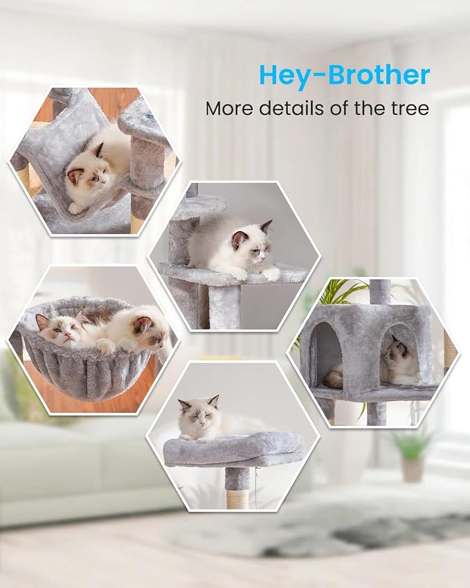 Hey-brother Cat Tree, Multi-Level Sisal Covered Scratching Posts, MPJ050W | 60.6 Inches Tower with Condo, Large Hammock, Top Perch, Toy Ball for Indoor Multi-Cats Households, Light Gray