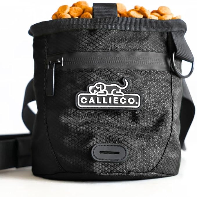 Callieco Mini Dog Treat Pouch with Magnetic & Zipper Closure | Small Waist Belt Training Behavior Aid Bag for Dog Walking with Poop Bag Dispenser (Black)
