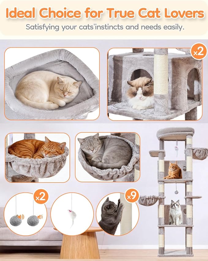 Taoqimiao Heavy Duty Cat Tree, 73In Sturdy Cat Tower for Large Cats 25lbs+ | 2 Widen Condos, Enlarged Sleeping Platform, 9 Scratching Posts, 2 Cozy Baskets, Cat Toys, Light Gray, F30W