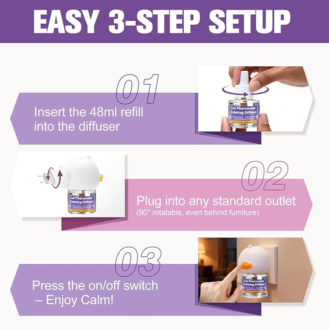 Cat Calming Pheromone Diffuser, 4 Refills 48ml & 2 Diffusers, 120 Days Long-Lasting, Relieve Anxiety, Reduce Fighting, Spraying & Scratching, Safe for Cats Kittens & Humans