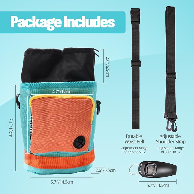 Dog Treat Pouch with Dog Clicker for Training, Bright Colors Drawstring Treat Pouches for Pet Puppy Travel or Outdoor Large Capacity Training Bag with Waist Belt Shoulder Strap