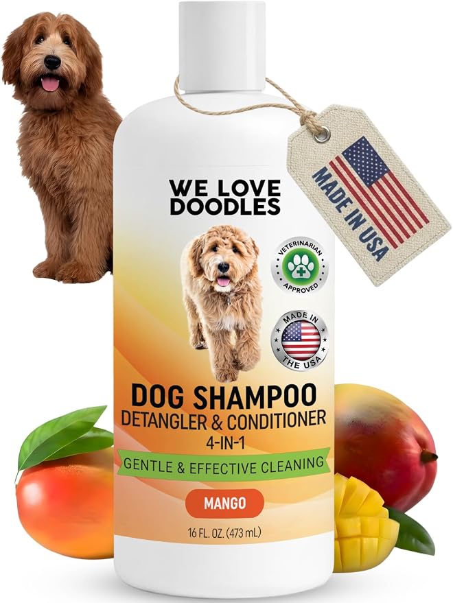 Dog Shampoo, Conditioner & Detangler, Hypoallergenic, Tearless, Mango, 16OZ | For Sensitive Itchy Skin, Best Shampoo For Smelly Dogs, Goldendoodle, Poodle & Doodle, Puppy Pet Wash Soap, USA Made, 4-in-1