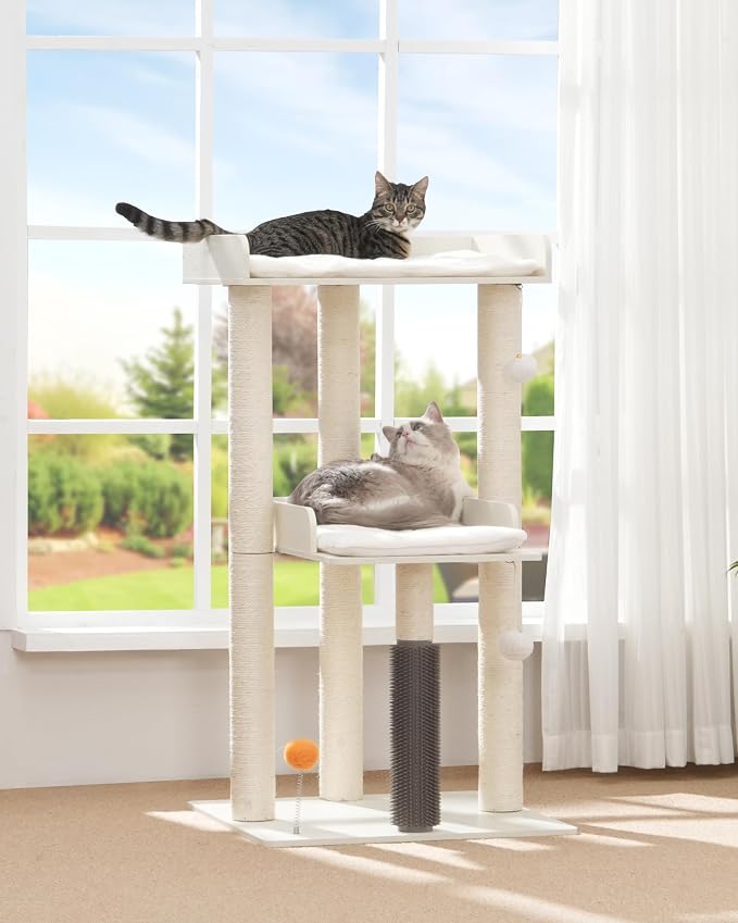 43.7" Cat Tree, Modern Cat Tree Tower, Cat Tower for Indoor Cats Large Adult, Cat Condo with Scratching Post, Large Perch and Removable Pads, White