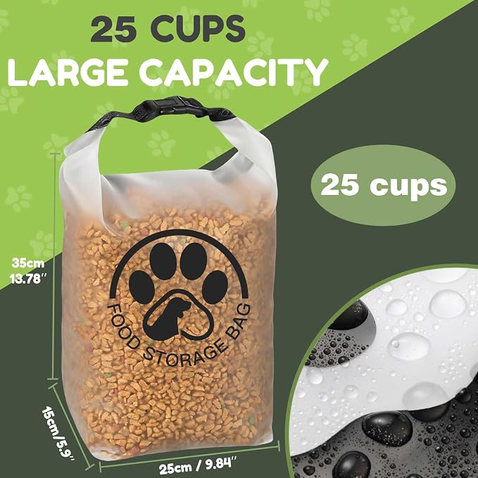 25 Cups Pet Food Storage Bag for Travel - Transparent Leak-Proof Dog Food Container with Roll-Top Closure, Keeps Kibble Fresh for Camping Trip, Dog Boarding, Weekend Getaways