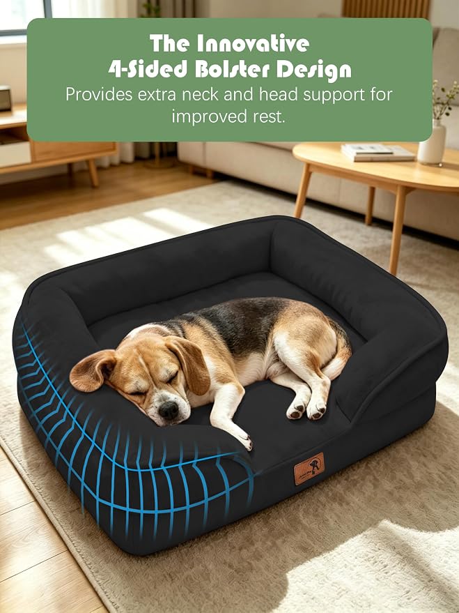 Spotted Play Orthopedic Dog Bed with Sides - Sofa Beds for Medium Dogs, Supportive Foam Pet Couch Bed with Washable Removable Cover, Waterproof Lining and Non-Slip Bottom, Black - M