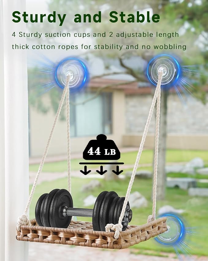 SETVSON Cat Window Perch Cat Window Hammock Bed, PE Rattan, Natural | 360° Clear View Bird Watching Seat, Sunbathing Shelf with 4 Suction Cups, 2.3 Inch Fence, Removable Washable Cushion