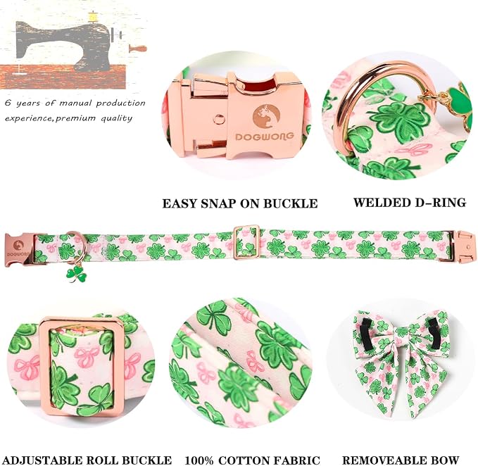 DOGWONG St. Patrick's Day Shamrock Dog Collar with Sailor Bow,Pink Green Four Leaf Clover Pattern Dog Collar, Adjustable Durable Soft Collars Irish Gift for Girl Female Dogs,S