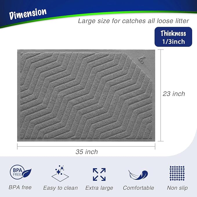 Cat Litter Box Mat(No. 02-2), Kitty Premium PVC Pad, Durable Trapping Rug, Phthalate Free, Urine-Resistant, Scatter Control, L 35 x 23, Grey