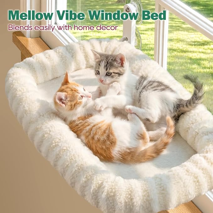 Zakkart Mellow Foldable Cat Window Perch, Upgraded Suction Cups (Beige, M) | Curtain-Friendly, Dual-Fabric Striped Machine Washable Bed, Heavy Duty ABS & Metal Frame, Hold up to 40 lbs., 22.8"W x 15.5"D
