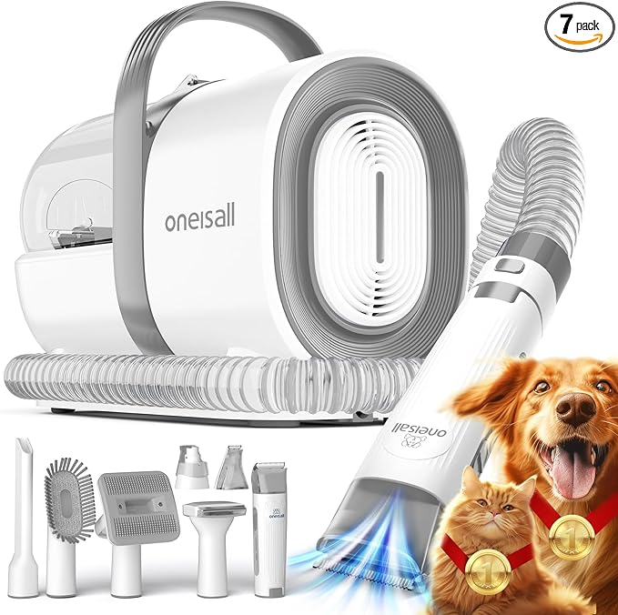 oneisall Dog Grooming Vacuum, Pet Grooming Vacuum with Clipper Nail Grinder, 1.5L Dust Cup Dog deshedding Brush with 7 Tools for Shedding Pet Hair, Home Cleaning (Grey) | 11kPa Strong Suction, 59dB Low Noise,Clipper & Nail Grinder Included, 7-in-1 Groo...