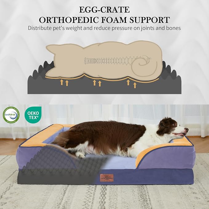 Comfort Expression Orthopedic Dog Bed for Extra Large Dogs with Bolster | Waterproof Dog Couch Bed with Washable Cover & Non-Slip Bottom, Supportive Egg Crate Foam XL Pet Bed, 42x30 Inch