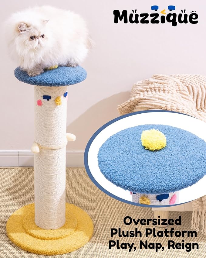 Cute Cat Scratching Post, 31 Inch Tall&Thicker Scratcher with Top Perch Bed | Large Sisal Rope Scratch Post, Full Strectch for Indoor&Adult Cats/Kitten, Heavy&fun Play Stand, Sturdy Climb Tree Furniture