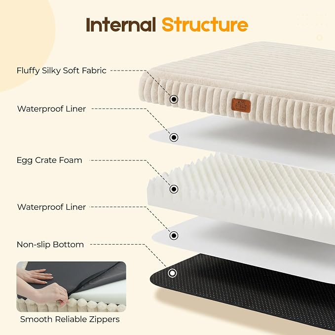 Orthopedic Dog Bed for XXL Jumbo Dog, Waterproof Pet Bed,Non-Slip Bottom and Egg-Crate Foam with Removable Washable Cover Crate Bed,Cream,47"x29"x4"