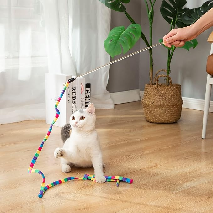 FYNIGO Cat Wand Toys for Indoor Cats, 2 Pack Rainbow Teaser Wand with 55 Inch Plush String, Bell and Sturdy Flexible Pole, Interactive Kitten Toy for Exercise and Chase Play
