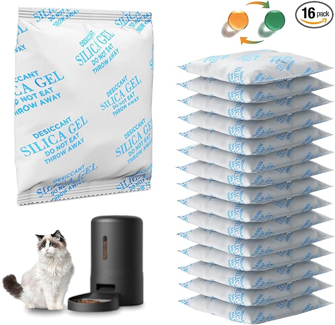16 Packs Pet Food Desiccant Bag Compatible with PETLIBRO/PETKIT Automatic Cat Feeder, Desiccant Packs Replacement with Color Indicating for Automatic Pet Feeder(Individually Packaged)