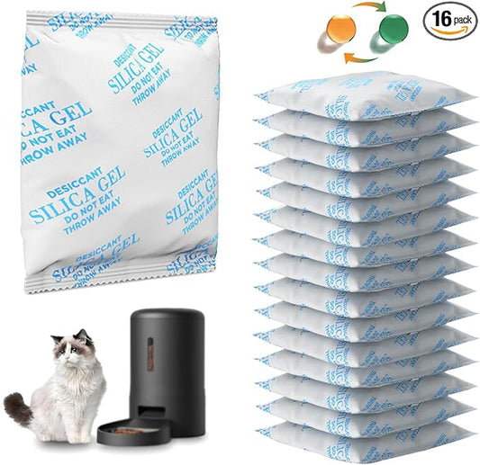 16 Packs Pet Food Desiccant Bag Compatible with PETLIBRO/PETKIT Automatic Cat Feeder, Desiccant Packs Replacement with Color Indicating for Automatic Pet Feeder(Individually Packaged)