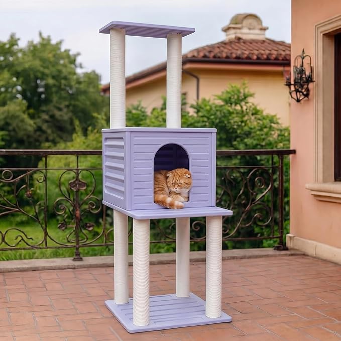 61in Weatherproof Large Cat Condo with Scratch Post for Indoor&Outdoor Cats | Purple Cat Tree Tower with Cat House,Plastic Panels&Durable Polypropylene Scratch Ropes,Suitable for Catio,Deck,Patio CTT-3