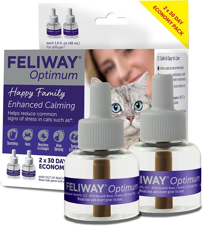 FELIWAY Optimum Cat Calming Diffuser Refill – Cat Pheromone Diffuser Refill for Advanced Support to Reduce Stress, Spraying, Scratching, Fighting and Hiding– 2 Pack
