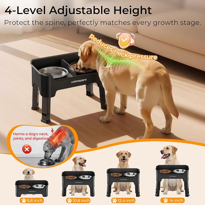 URPOWER Mess Proof Elevated Dog Bowls, High Wall Splash Guard Design, 4 Height Adjustable Raised Bowl Stand with Stainless Steel & Slow Feeder Bowl, Non-Slip Food Water Set for Small Medium Large Dogs