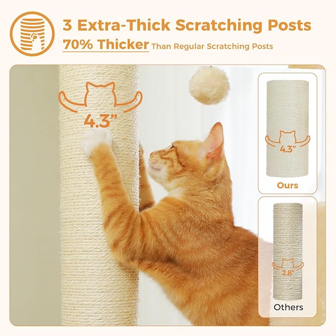 PAWZ Road Large Cat Tree, 45" Heavy Duty Cat Tower with Dual Condos, 3 Thick Full Wrapped Sisal Posts(φ4.3), Spacious Top Perch, Scratching Ramp for Large Cats,Gray