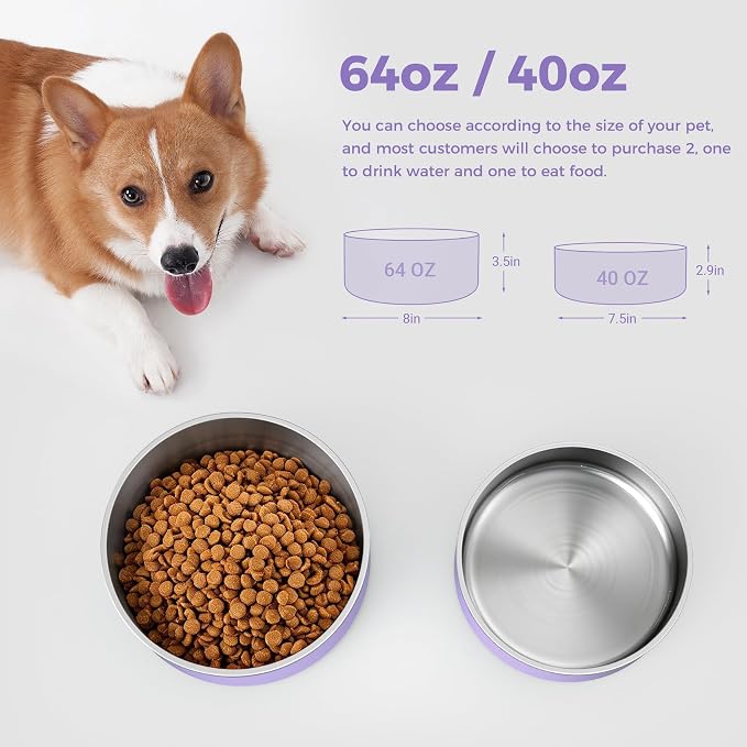 WENBOKMIN Dog Bowl, Stainless Steel Dog Food and Water Bowl with Non Slip Quiet Bottom, Easy to Clean, Dishwasher Safe, 64oz, Light Purple