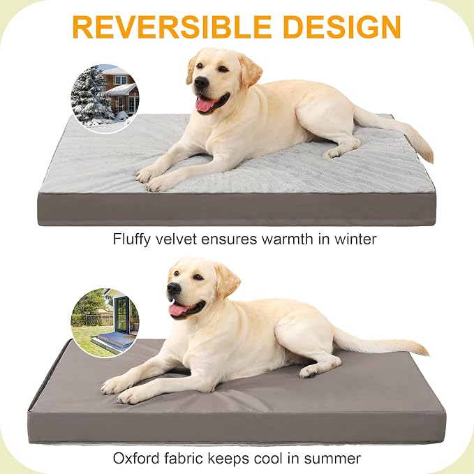 KSIIA Orthopedic Dog Bed for Large Dogs with Waterproof Lining, Grey, 44x32 | Deluxe Soft Plush Dog Crate Bed, Washable Pet Mat with Removable Cover & Egg Crate Foam for Large Dogs Sleeping & Relaxing