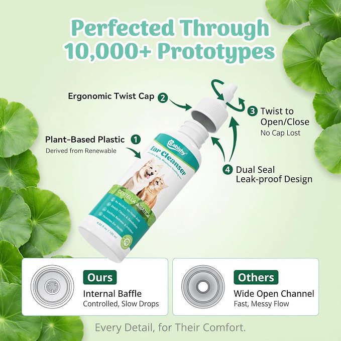 Cabishy Dog & Cat Ear Cleaner for Itchy, Smelly Ears – Gentle Ear Wax Removal & Soothing Ear Wash with Centella Asiatica, Alcohol-Free Pet Ear Cleaning Solution for Dogs & Cats (4oz)