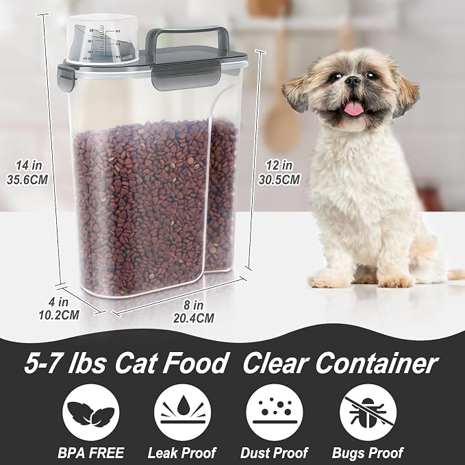 LEAWALK 5-7Lbs Dog Cat Food Storage Container with Upgraded Large Nozzle BPA-free, 4 Snap Seals Plastic Pet Food Storage Containers with Handles (Clear Black, 5L-1pack)