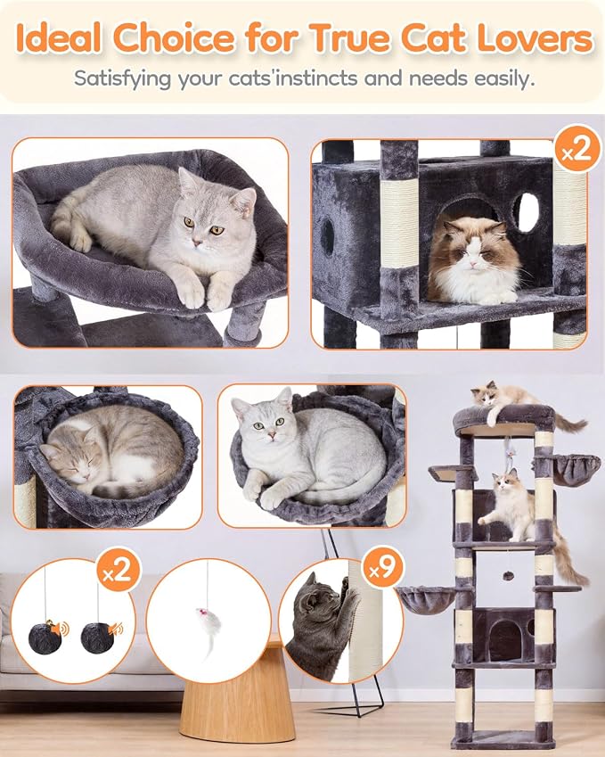 Taoqimiao Heavy Duty Cat Tree, 73In Sturdy Cat Tower for Large Cats 25lbs+ | 2 Widen Condos, Enlarged Sleeping Platform, 9 Scratching Posts, 2 Cozy Baskets, Cat Toys, Smoky Gray, F30G