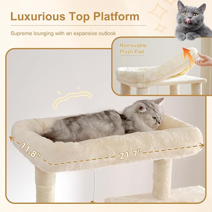 Heybly Cat Tree, 76-Inch Tall Heavy Duty Cat Tower for Big Cats HCT039M | Multi-Level Large Cat Furniture with Extra Wide Baseboard, 2 Condos & 2 Hammocks, 10 Scratching Posts, Beige