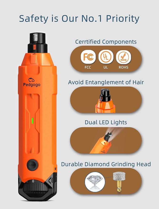 6-Speed Dog Nail Grinder & 3 Grinding Heads Super Quiet 45dB with 2 LED Lights 12000RPM Pet Nail Grinder& 3 Grinding Ports Dog Nail Trimmer for Large Medium Small Dogs with Dust Cap
