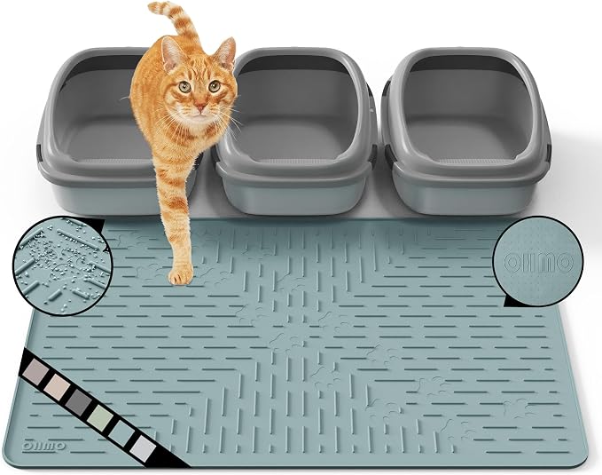 OHMO XL Cat Litter Mat, 37.5x25.2 Silicone Trapping Mat Light Blue | for Kitty Litter Box, Easy Clean, BPA Free Rubber, Center Litter Collection, Easy Pour-Back, Waterproof, Odor-Resistant