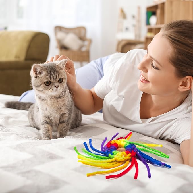 Glaciart One Wool Spider Cat Toy w/Catnip - Soft Fuzzy Enrichment 100% Natural Wool, Interactive Play Cat Toy Set - Safe for Pets, Non-AZO Colored Dyes