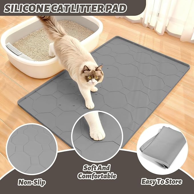 Silicone Cat Litter Mat, 34“ x 22” Waterproof Cat Litter Mats for Floors, Raised Edges Prevent Leaks and Make Cleaning Easy (Gray)