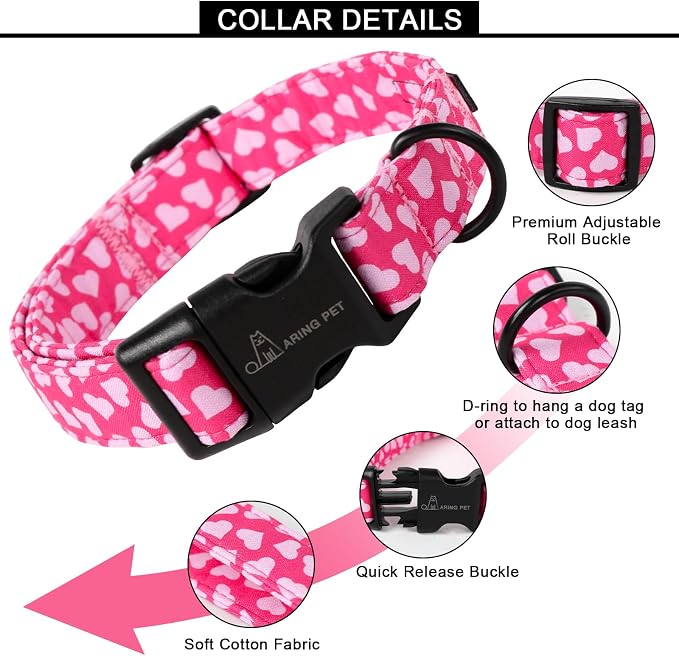 ARING PET Valentines Dog Collar, Cute Cotton Pink Heart Adjustable Valentine Pet Collars Puppy Collar with Quick Release Buckle for Girl Dogs-L