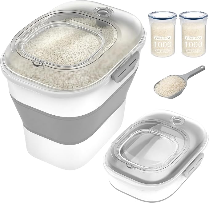 HOYTAMDAR 50Lbs Collapsible Rice Container,Airtight Food Storage container | Rice Storage Container with Clear Lid,Wheel,Date Tracker,2pcs Bins&Measuring Scoop,Rice Dispenser for Pet Food Rice Flour