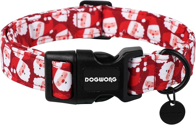 DOGWONG Christmas Cotton Dog Collar, Red Santa Claus Dog Collar Durable Holiday Pet Dog Collars Cute Puppy Necklace for Small Dogs