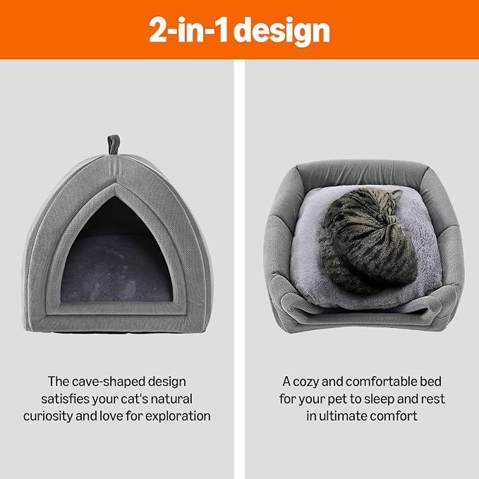 Amazon Basics Cat Cave Bed, 2-in-1 Foldable House for Indoor Cats, with Washable Cushion and Non-Slip Base, 17.5 x 17.5 Inches, Large, LightGray