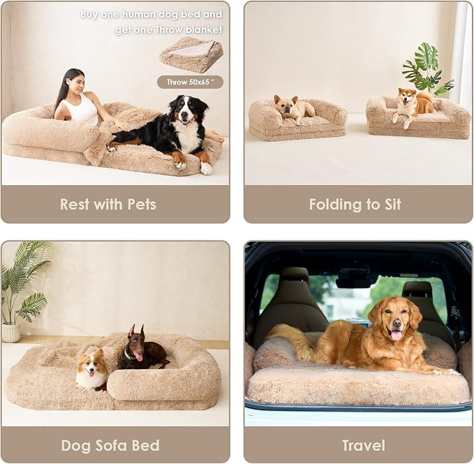 EHEYCIGA Foldable XXL Dog Bed for Large Sized Dog, 54"x38"x7.5" Faux Fur Fluffy Pet Couch Bed, Orthopedic Calming Memory Foam Big Pet Bed, Washable Pet Sofa Bed with Non-Slip Bottom, Camel