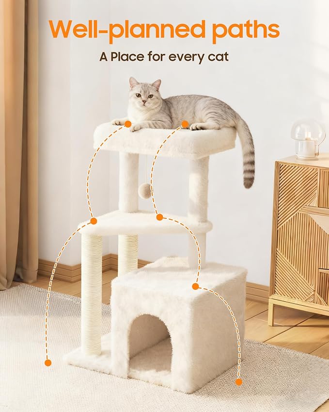 Cat Tree Tower for Indoor Cats, 33 Inches Multi-Level Cat Condo with Scratching Posts, Large Perch, Hanging Toy for Large Adult Cats, Beige