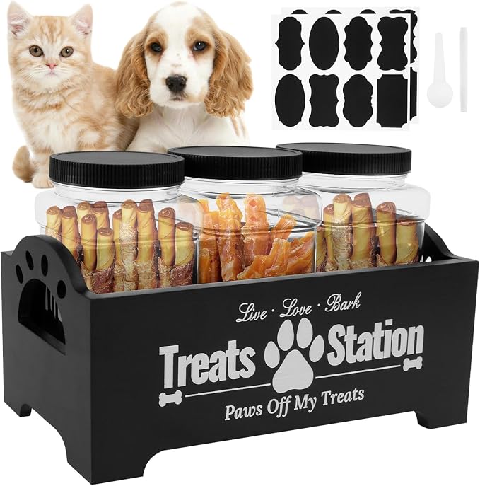 Dog Treat Container for Countertop Dog Food Storage with 3 Plastic Treat Jars Wood Dog Food Container with Handles and Lids Farmhouse Practical Pet Cat Dog Treat Storage Containers (black)