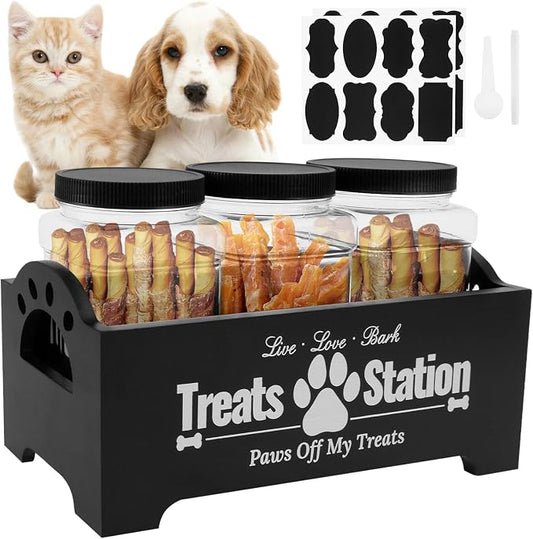 Dog Treat Container for Countertop Dog Food Storage with 3 Plastic Treat Jars Wood Dog Food Container with Handles and Lids Farmhouse Practical Pet Cat Dog Treat Storage Containers (black)