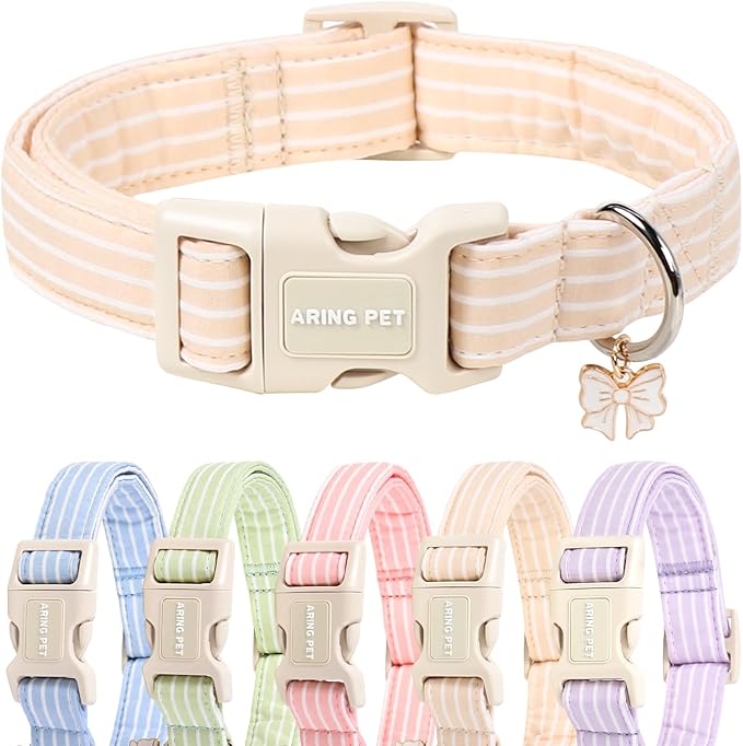 ARING PET Stripe Dog Collar, Cute Spring Summer Khaki Stripe Pet Collars with Bow Charm for Puppy Small Medium Large Boy Girl Dogs, for Daily Outdoor Walking Beach Stroll-S
