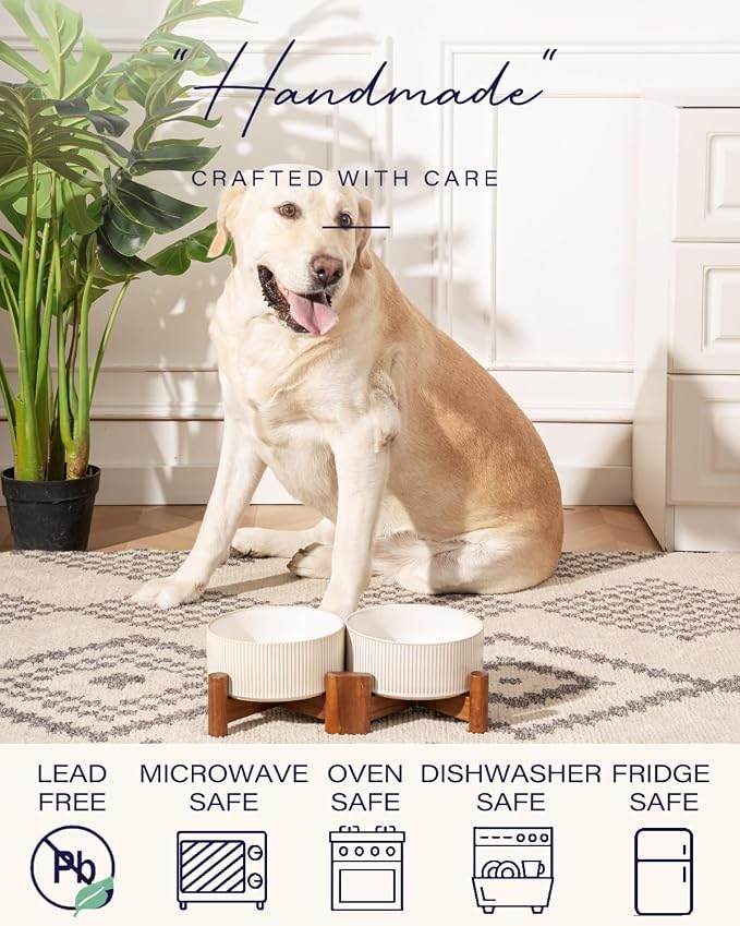 Getstar Ceramic Dog Bowls Set with Acacia Wood Stand, 3.5 Cups Pet Bowls Set of 2 for Medium Dogs, Cute Dog Raised Food Bowl, Cat Bowls