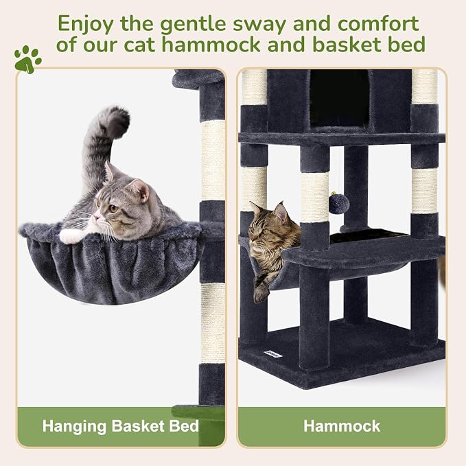 Globlazer Corner Cat Tree Tower with Scratching Post, C51, Dark Grey | 51in Space-Saving Multi-Level Cat Condo for Indoor Cats with Hammock, Large Top Perch for Large Cats, Cozy Cat Cave