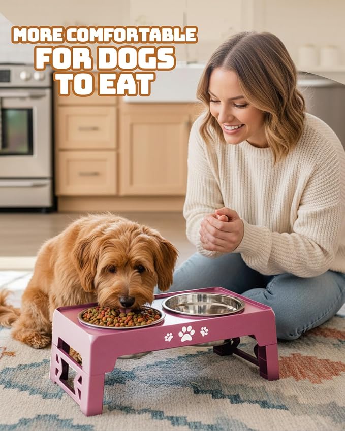 Jovrun Elevated Dog Bowls for Small Dogs and Cats, Non-Slip Cat Bowls with 2 Thick 5.5" Stainless Steel Dishes, Dog Feeder 2 Heights Adjustable to 2.6"-5.3"