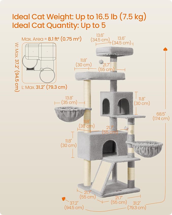 Feandrea Cat Tree, 68.5-Inch Tall Cat Tower, Multi-Level Plush Condo with Large Perch, Scratching Posts, Double Caves, Dove Gray UPCT006G01