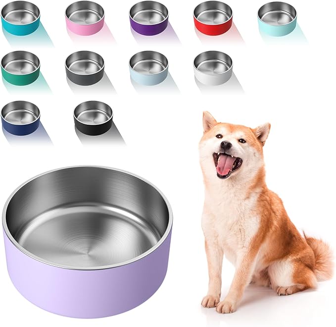 WENBOKMIN Dog Bowl, Stainless Steel Dog Food and Water Bowl with Non Slip Quiet Bottom, Easy to Clean, Dishwasher Safe, 40oz, Light Purple