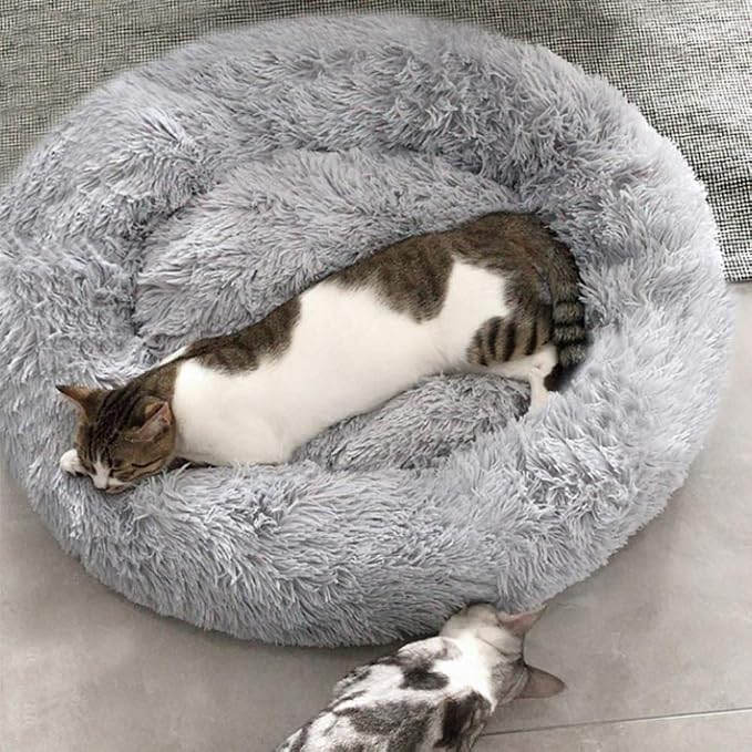 Faux Fur Dog Bed, Shag Round Anti-Anxiety Pet Calming Doughnut Cuddler for Medium Large Puppy Dog Cat Kennel Cushion - Self Warming (28'' D x 8" H, Light Grey)